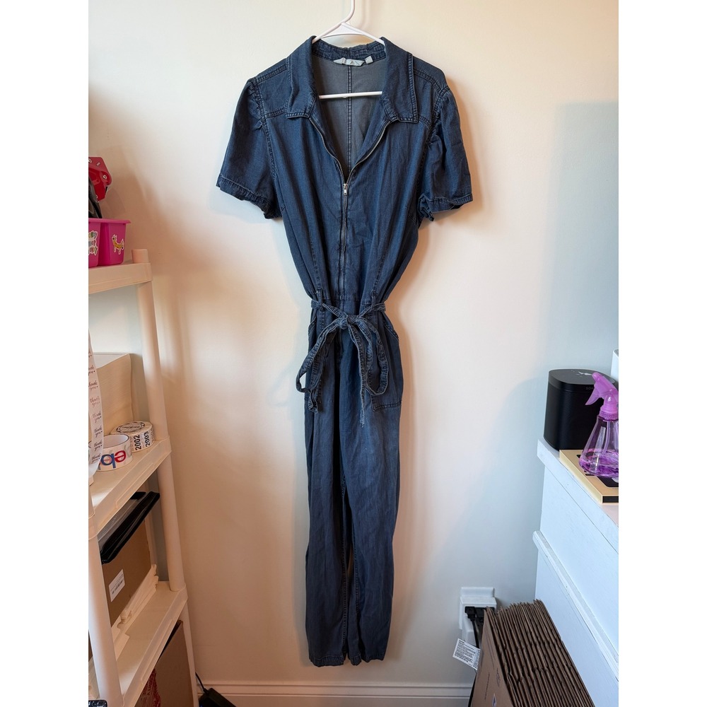 Candace Cameron Bure Denim Zip Front Jumpsuit XL Blue Short Sleeve Belted Pocket